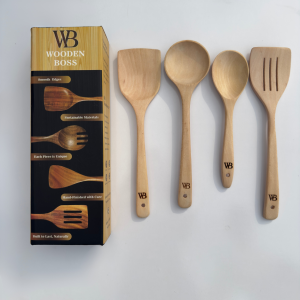 Wooden Cooking Utensil Set – 4-Piece kitchen Utensils for Nonstick Pans & Nonstick Cookware – Durable Eco-Friendly Cooking Spoons & Spatulas for Cooking, Mixing & Serving
