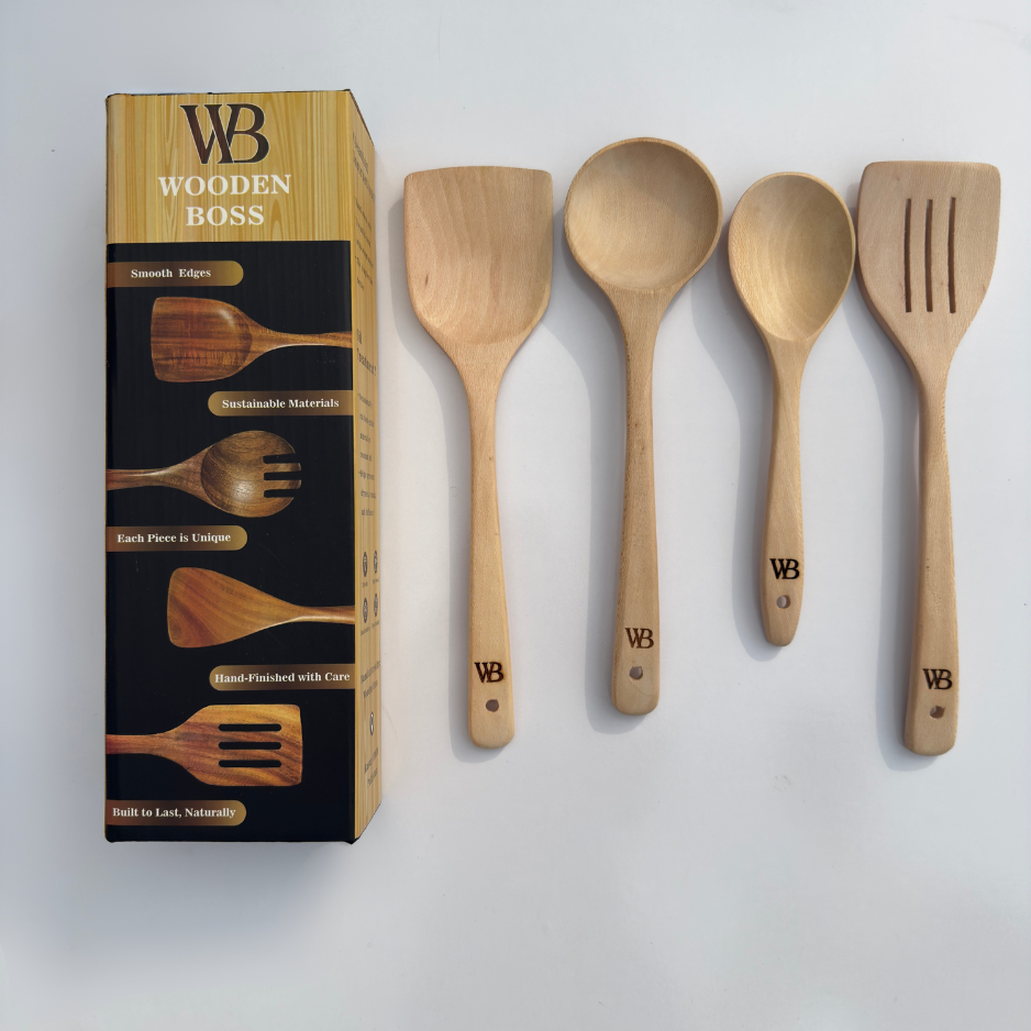 Wooden Cooking Utensil Set – 4-Piece kitchen Utensils for Nonstick Pans & Nonstick Cookware – Durable Eco-Friendly Cooking Spoons & Spatulas for Cooking, Mixing & Serving